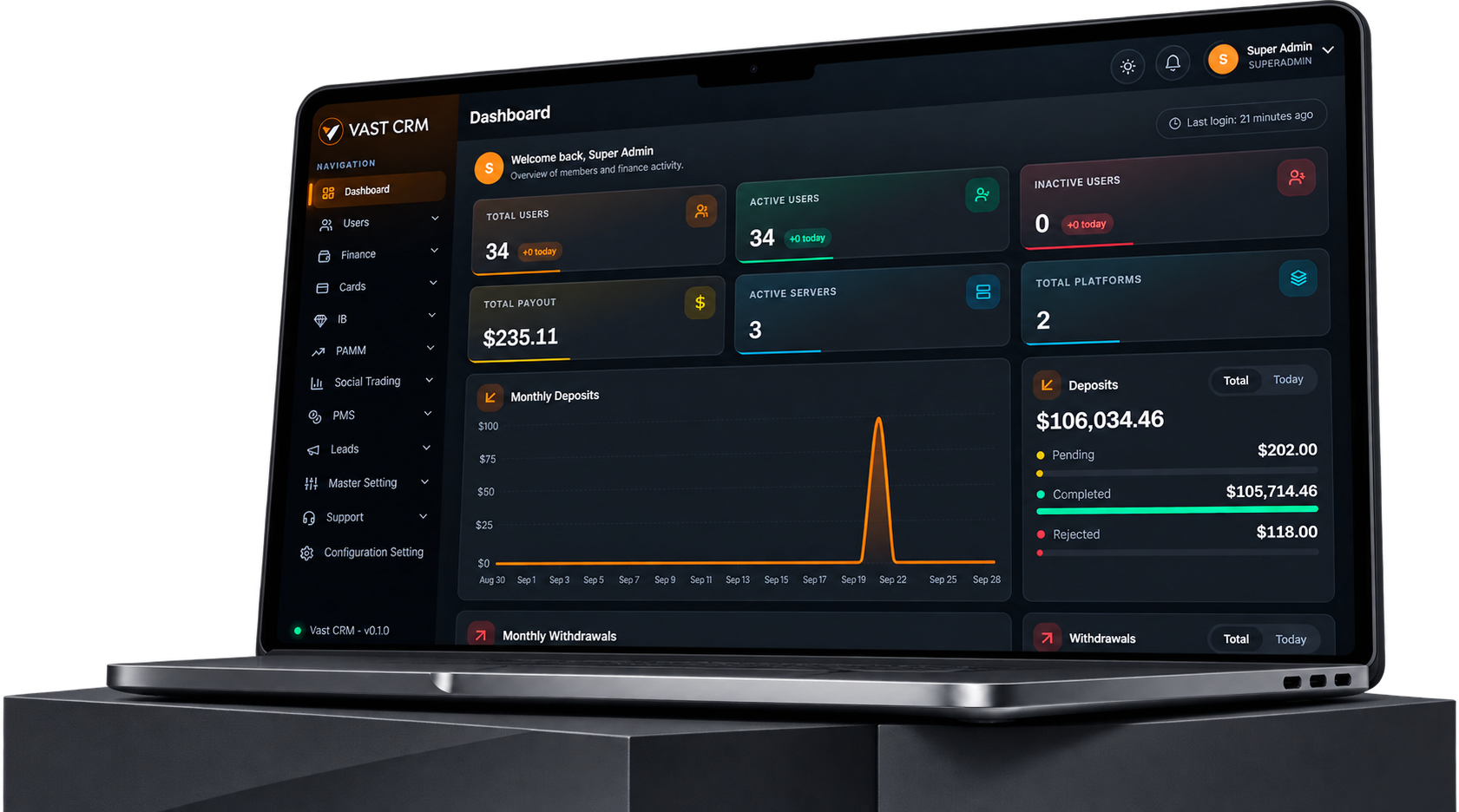 VAST CRM admin portal showing brokerage management tools on a laptop