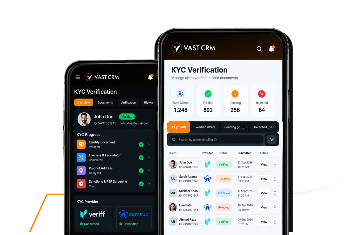 KYC verification information connected to the client profile in VAST CRM
