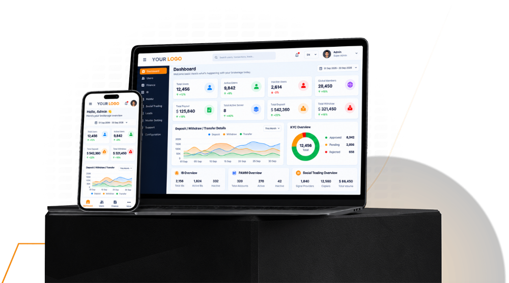 White-label brokerage admin portal displayed alongside a branded mobile application